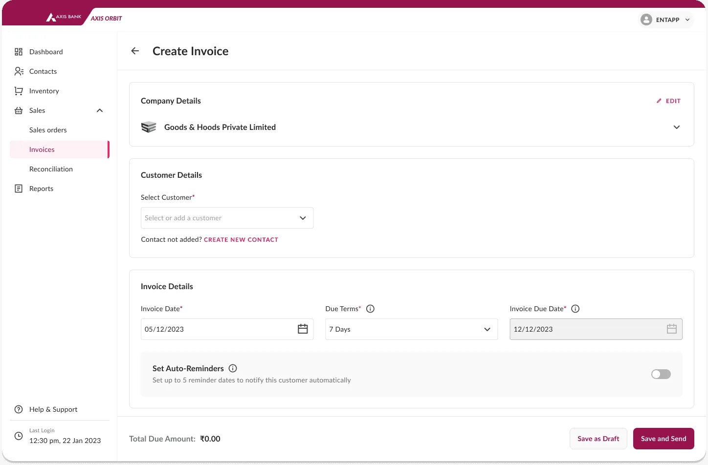 Axis Orbit invoice interface