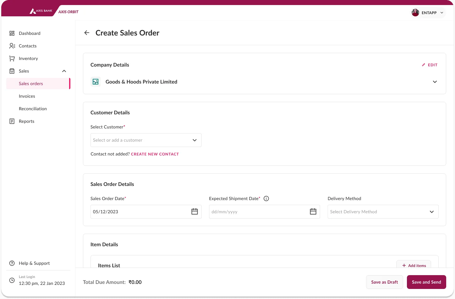 Axis Orbit sales order interface