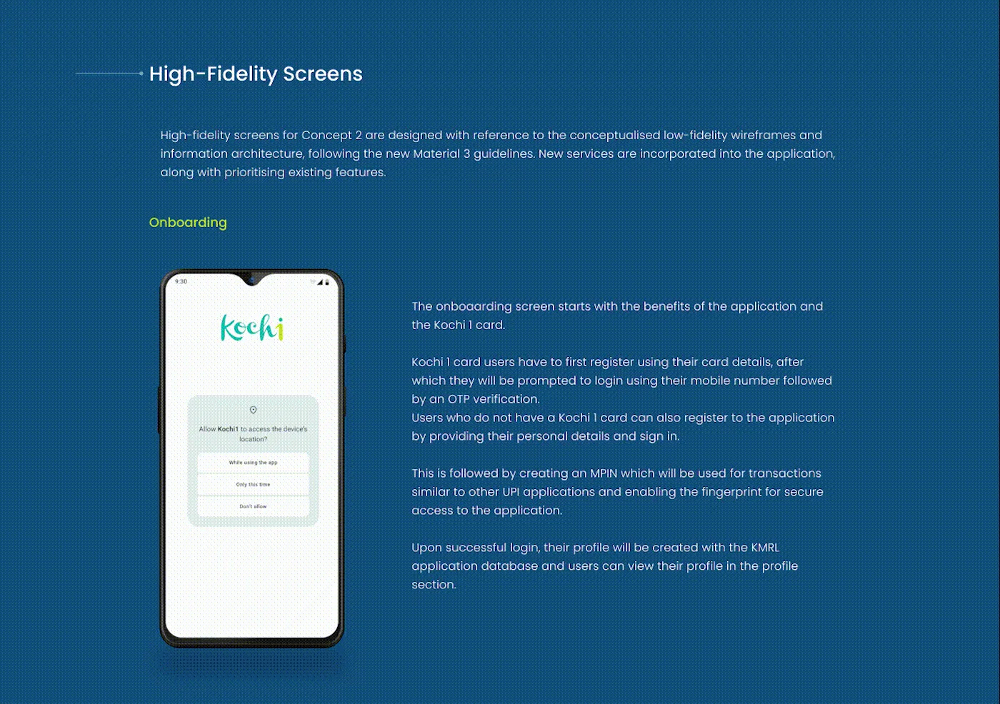 Animated Kochi 1 onboarding and login prototype