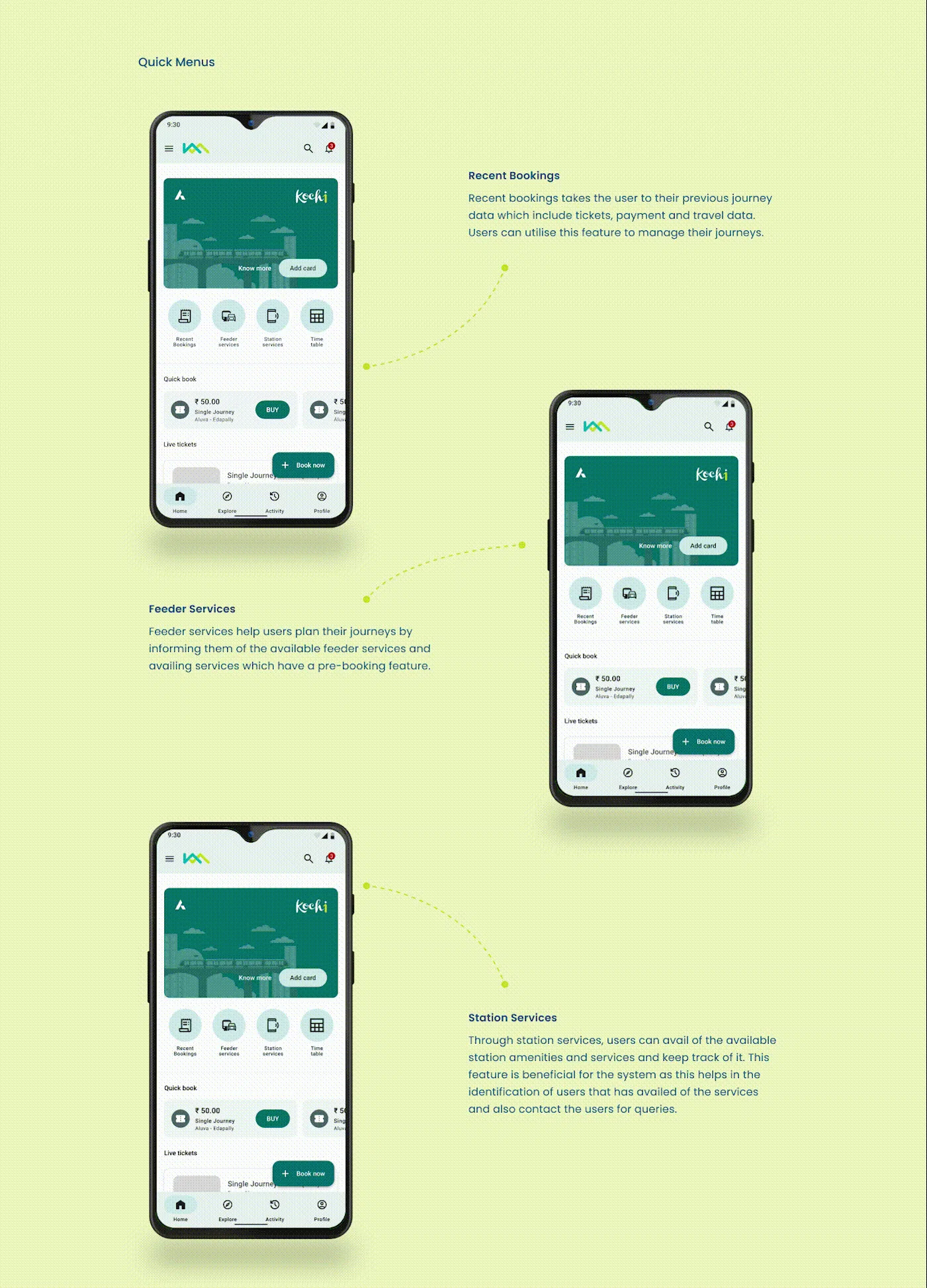 Animated Kochi 1 feeder services and recent bookings prototype