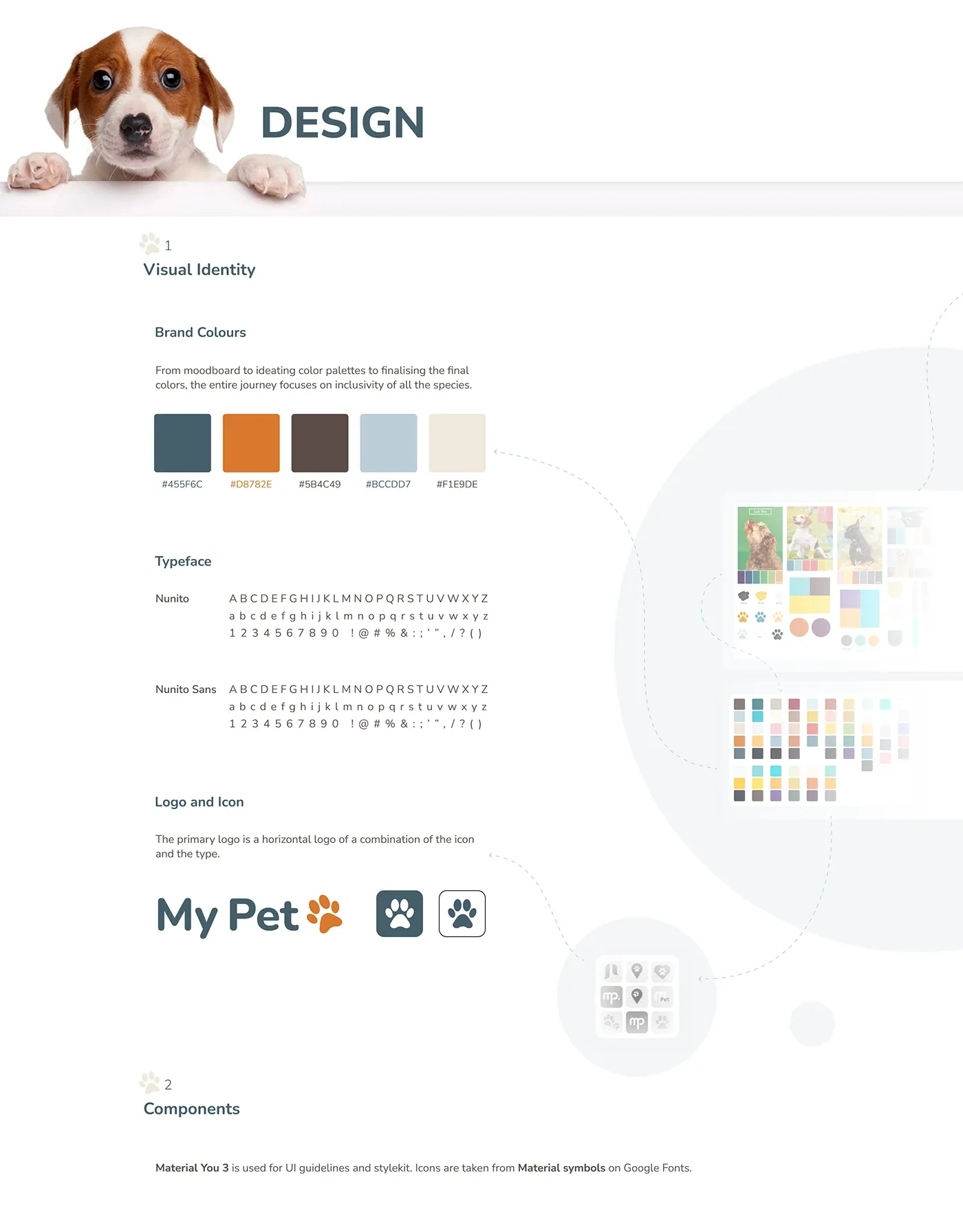 My Pet colour palette, typography, iconography, and branding